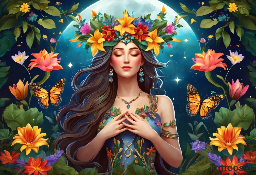 Beautiful woman made of tree, branches, and leaves surrounded by flowers. She is wearing a crown made of butterflies and has a pond and lilies near her feet with colorful vegetation. She is holding her arms upright and has her hands cupped above her head. Above her hands she has the moon, stars, and sun. The moon, stars, and sun have a flower accent. tattoo idea