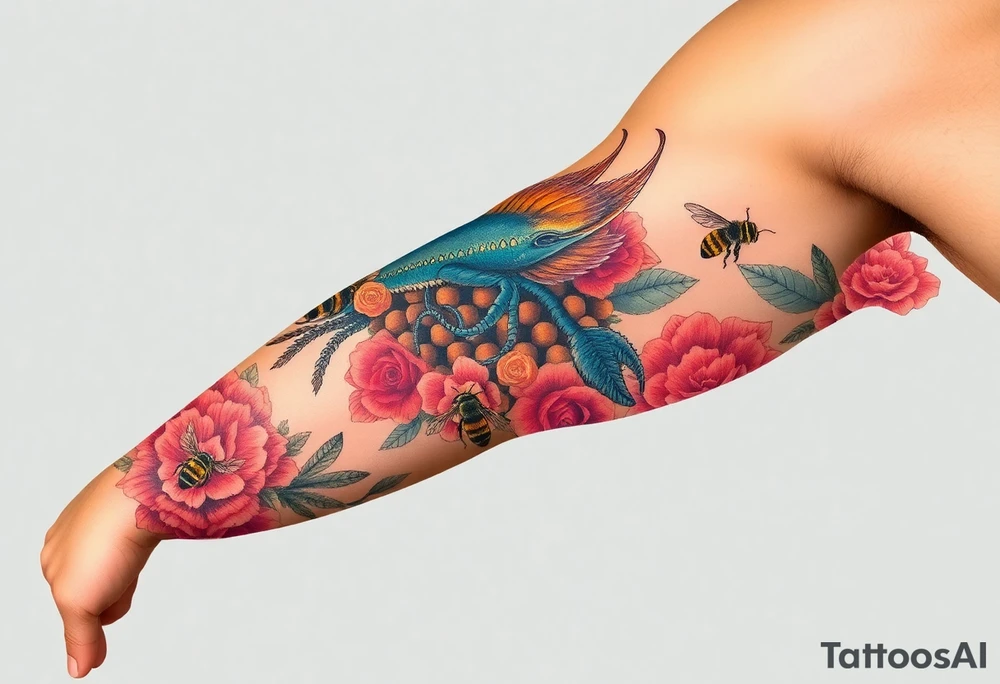 Colorful sea creatures with honey comb, bees, and roses tattoo idea