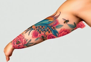 Colorful sea creatures with honey comb, bees, and roses tattoo idea