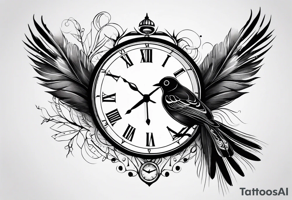 a bird clock but the bird's feathers are falling wich represents the fugacity of time tattoo idea