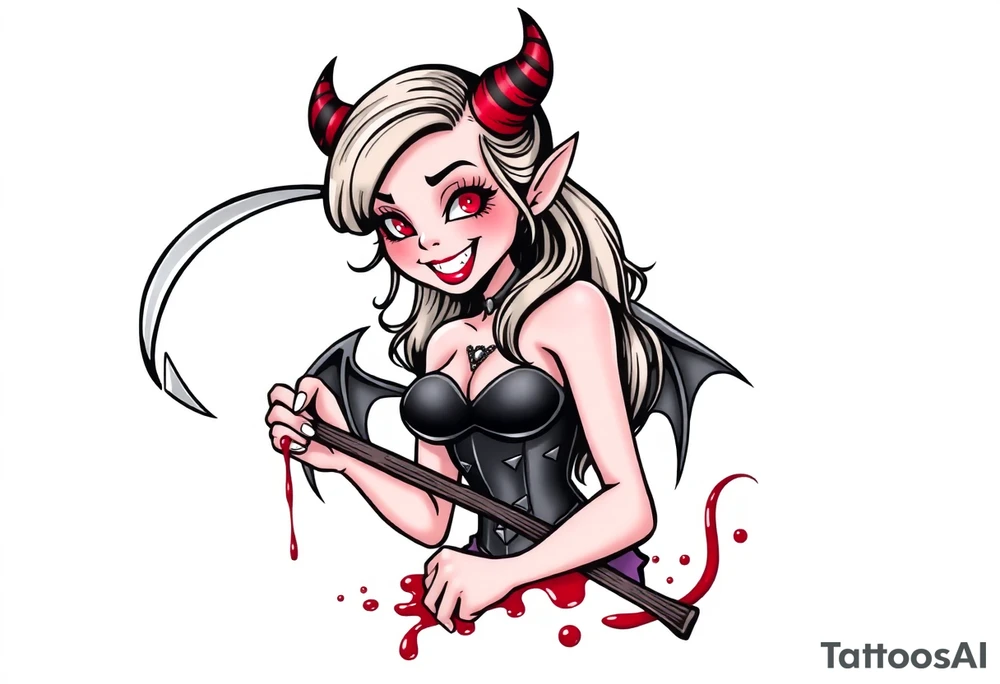 Pinup demon girl smiling while holding a bloody scythe tattoo idea