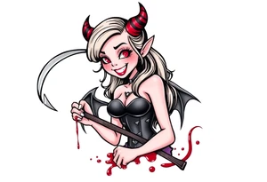 Pinup demon girl smiling while holding a bloody scythe tattoo idea