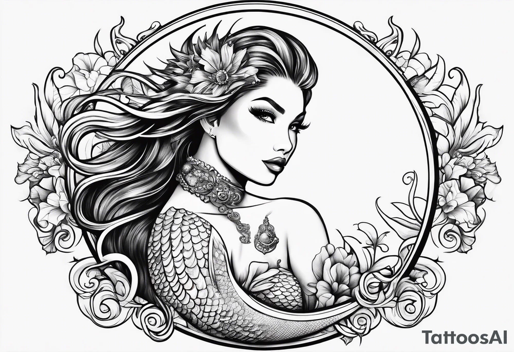 sexy full bodied mermaid with flowing tail and hair, tattoo sleeve tattoo idea