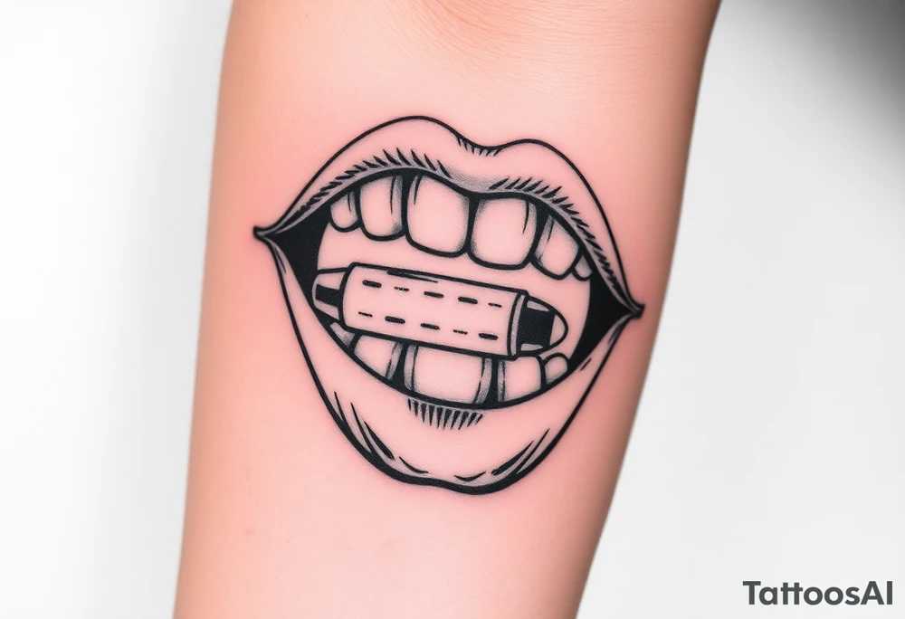 A set of lips snarling with 50cal round between teeth tattoo idea