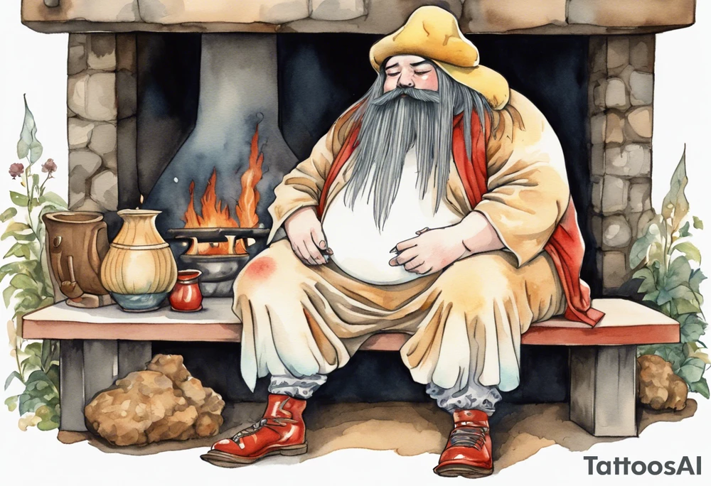 fat cousin it wearing a mushroom hat and medieval tunic sitting on a bench by a fireplace drinking from a wood cup, tattoo idea