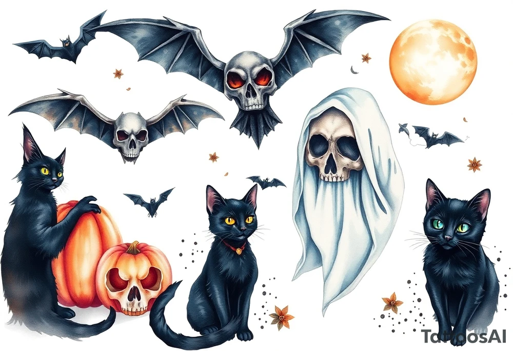 Unique bats, ghost, skulls, black cats, witches, pumpkins, jack o laterna tattoo idea