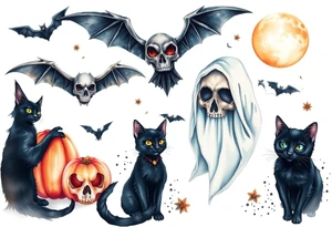 Unique bats, ghost, skulls, black cats, witches, pumpkins, jack o laterna tattoo idea