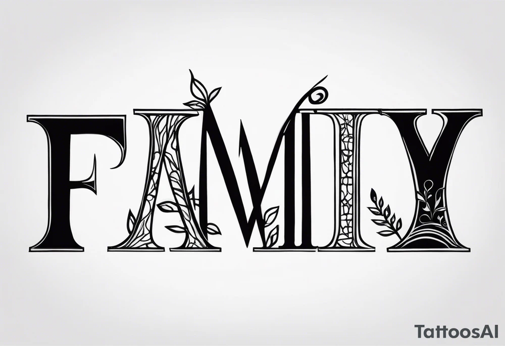 Text "family". Letters formed by roots tattoo idea