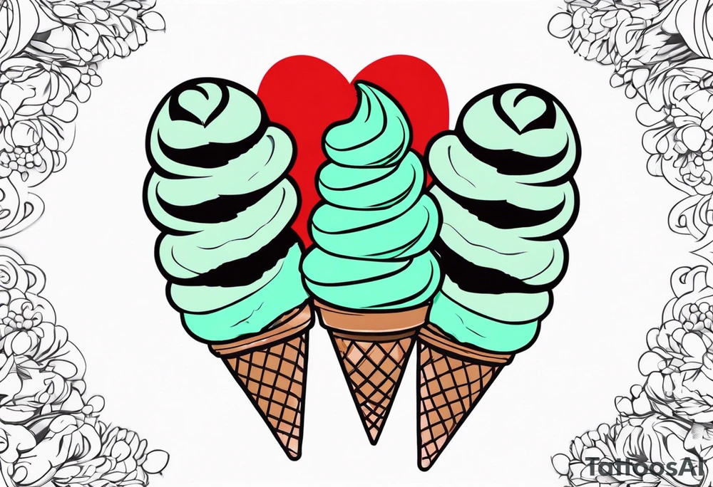 mint chocolate chip ice cream cone with small red heart on it somewhere. tattoo idea