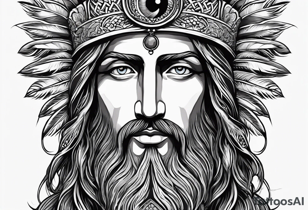 flat stern byzantine Christ with all-demanding eyes with a halo made of peacock feathers and pecans tattoo idea