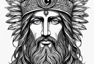 flat stern byzantine Christ with all-demanding eyes with a halo made of peacock feathers and pecans tattoo idea