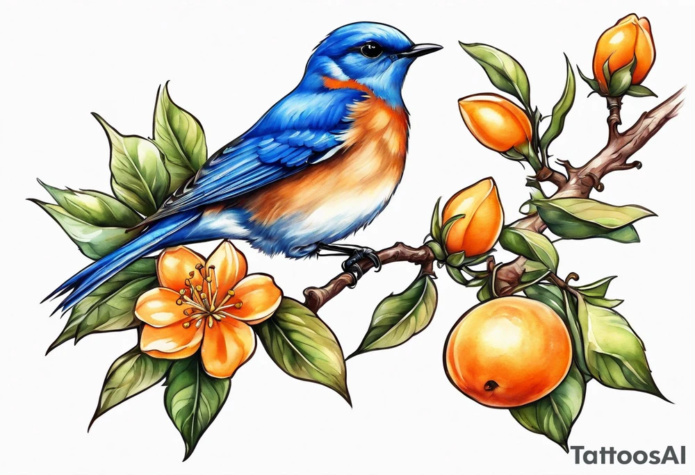 bluebird flying off of branch with orange blossoms tattoo idea