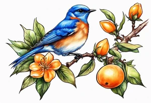 bluebird flying off of branch with orange blossoms tattoo idea