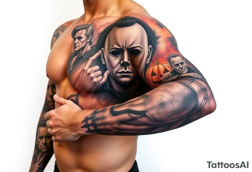 powerful majestic horor icon michael myers, surrounded by other horror icons and an icon scene from Halloween movie tattoo idea