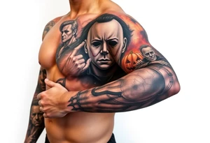 powerful majestic horor icon michael myers, surrounded by other horror icons and an icon scene from Halloween movie tattoo idea