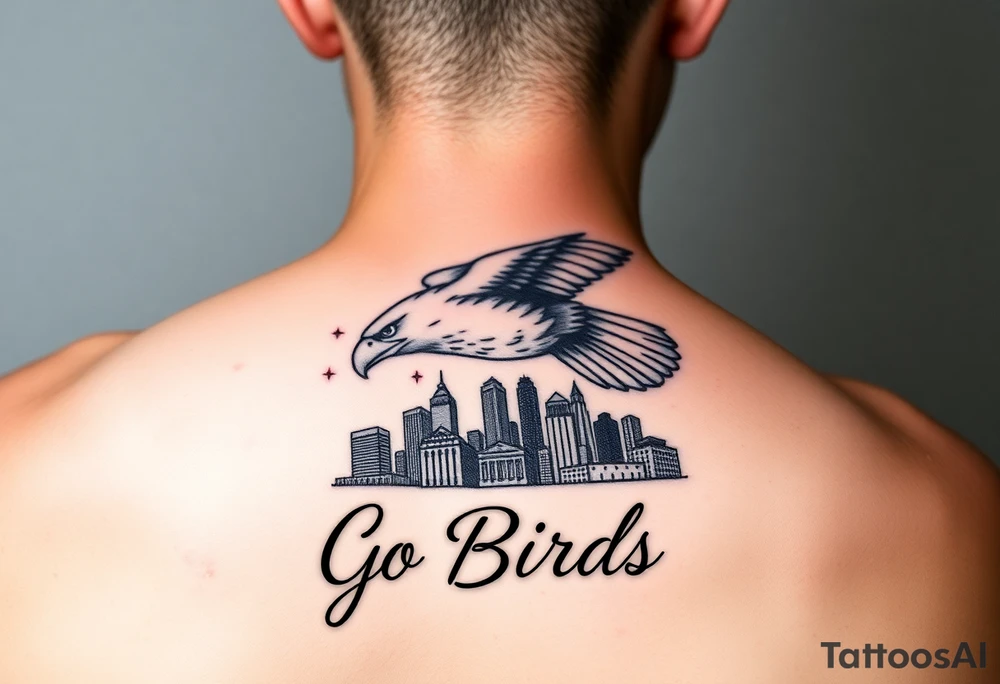 Tattoo On upper bicep 
Philadelphia Eagle classic bird flying over Philadelphia city skyline with the words Go Birds under it tattoo idea