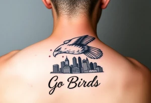 Tattoo On upper bicep 
Philadelphia Eagle classic bird flying over Philadelphia city skyline with the words Go Birds under it tattoo idea