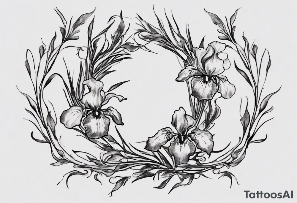 Create a small Vincent van Gogh Irises tattoo, with vines gracefully intertwining at a central point in the middle of the wreath. Include birds in some fashion. The intended placement is on the upper chest. The overall design should be small in size while maintaining a delicate and artistic aesthetic. Pay attention to the graceful flow of the vines and the placement of the irises to achieve a refined and elegant look. tattoo idea