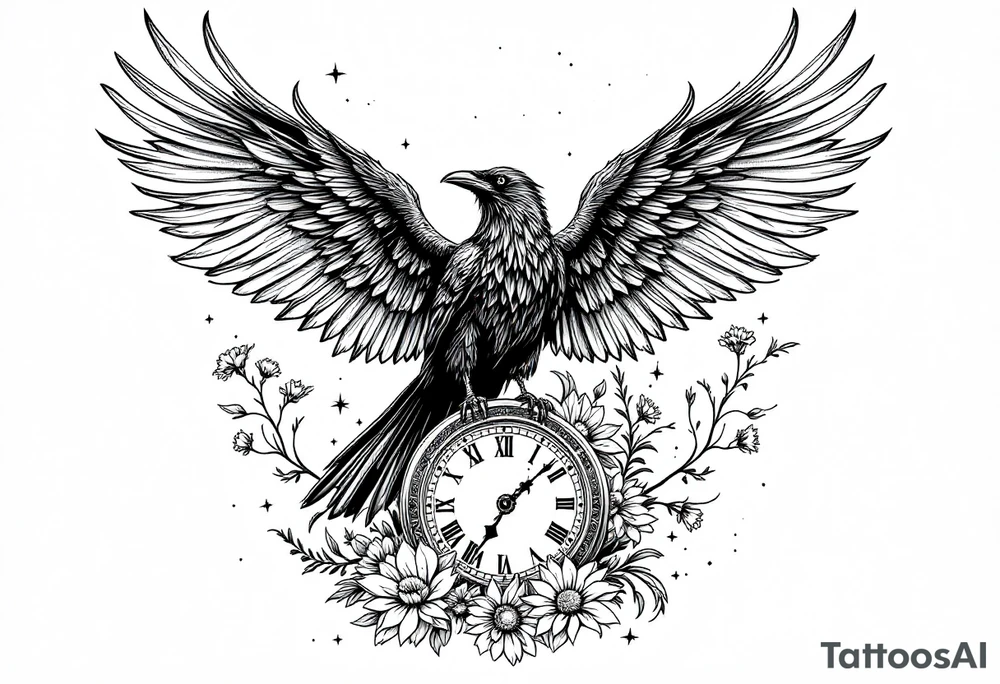 mandala winged black raven surrounded by flowers standing on a clock face tattoo idea