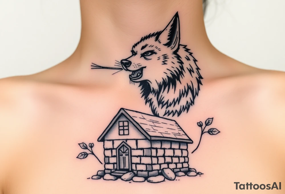 Big bad wolf  blowing down   a brick house tattoo idea
