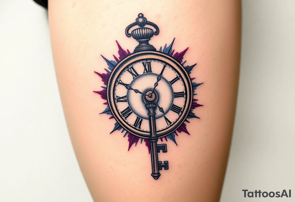 A skeleton key inserted into an antique clock, unlocking a burst of blue and purple tattoo idea