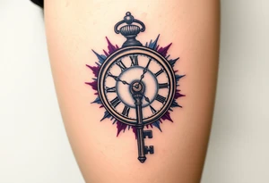 A skeleton key inserted into an antique clock, unlocking a burst of blue and purple tattoo idea