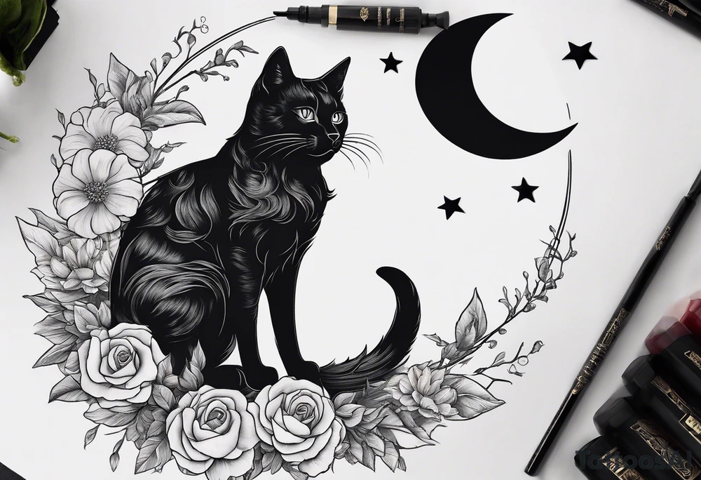 Crescent moon made out of flowers with the head of a photo realistic black cat facing forward and sailor Moon vibes tattoo idea
