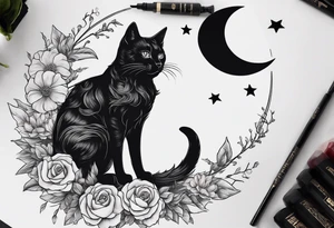 Crescent moon made out of flowers with the head of a photo realistic black cat facing forward and sailor Moon vibes tattoo idea