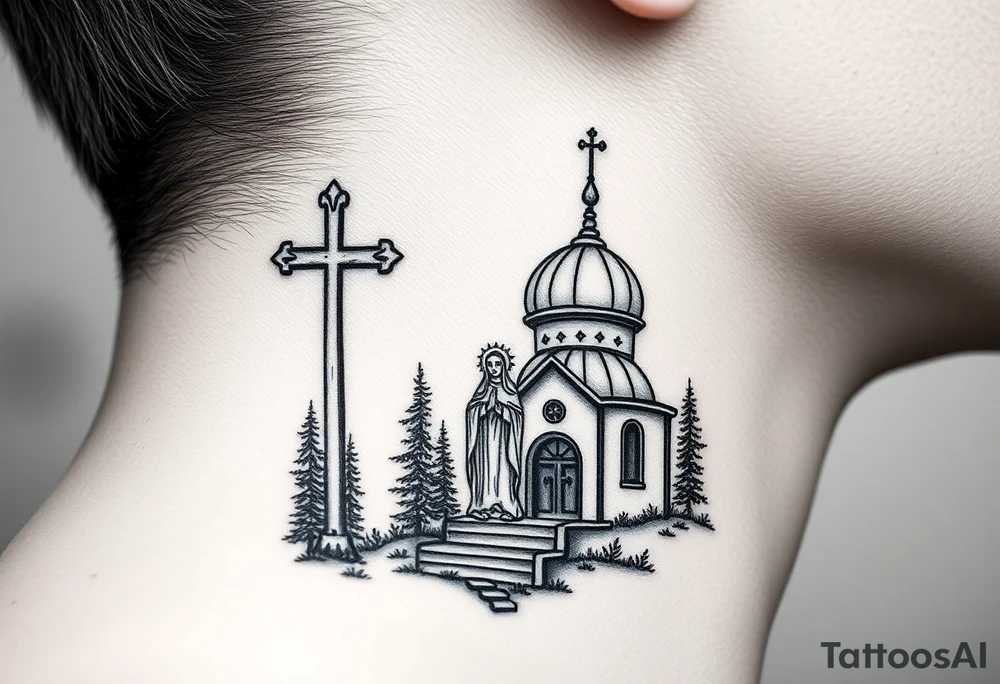 russian design  traditional christian orthodox cross with a virgin mary stood beside the entrance of a russian orthodox dome church on the side of the neck in a wilderness setting tattoo idea