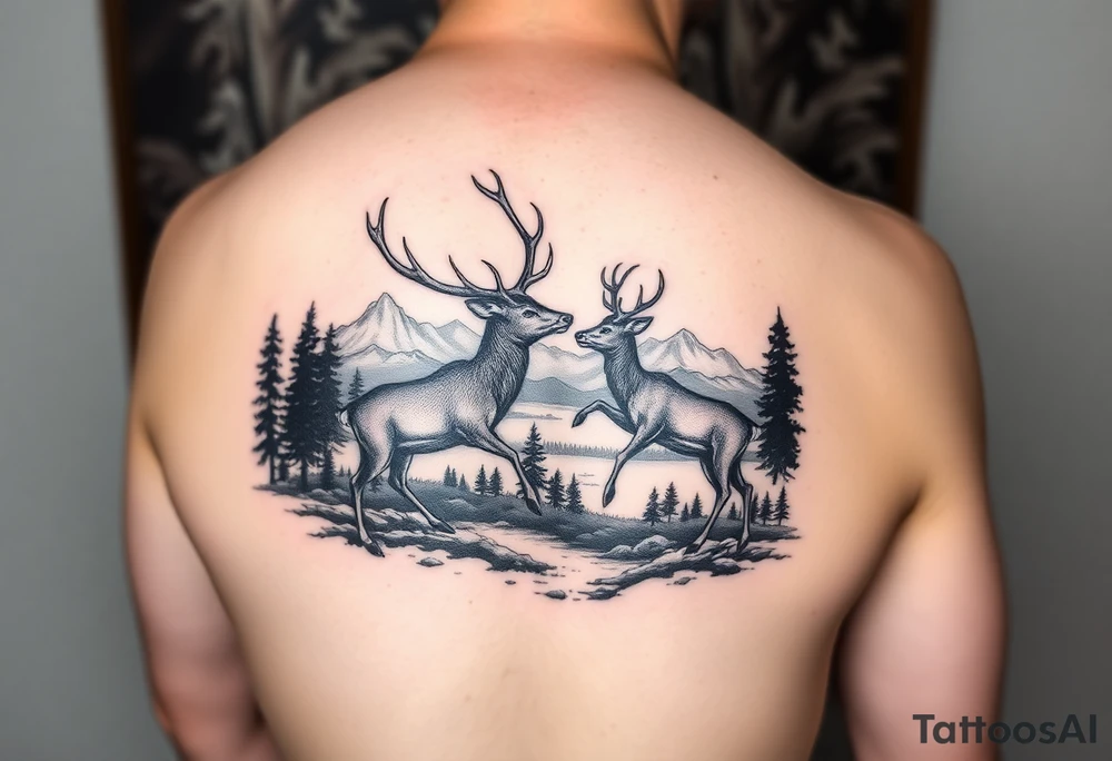 Forearm tattoo Black and grey realism Nature scene with two stags fighting in the foreground include mountains water and trees tattoo idea