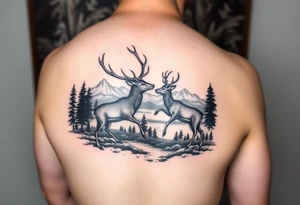 Forearm tattoo Black and grey realism Nature scene with two stags fighting in the foreground include mountains water and trees tattoo idea
