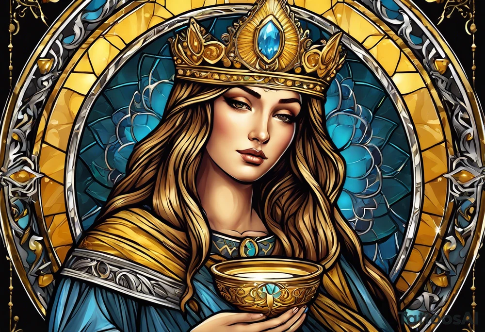 holy saint woman with golden halo holding a chalice tattoo idea