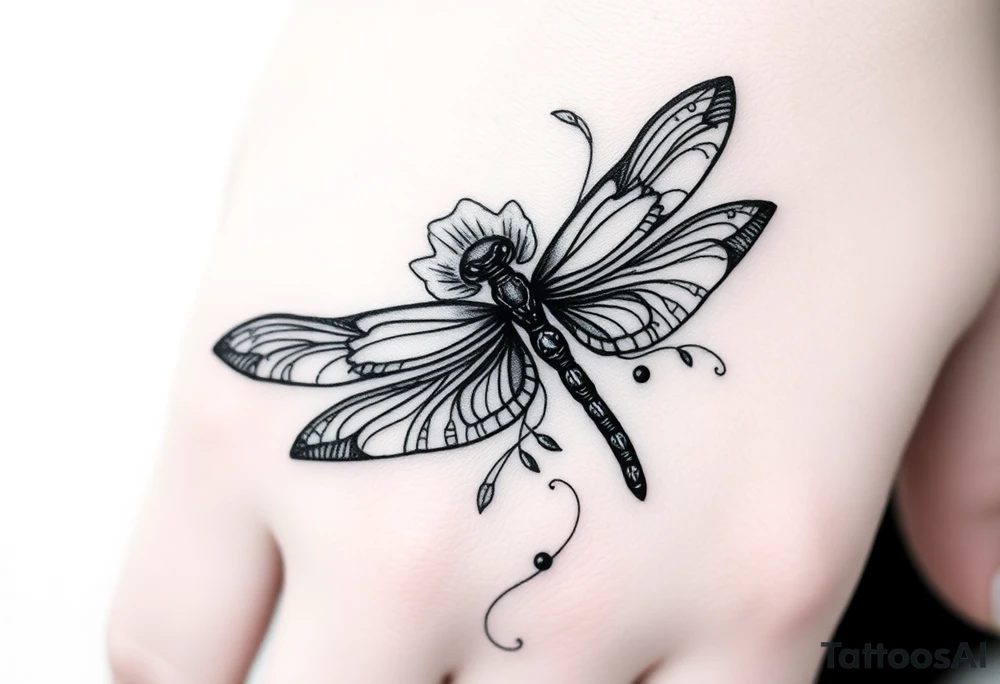 Tattoo  ecrit 'dinna fash'. style celtique linge noir fin avec fleur ecossai et dragonfly. position du tattoo main vers le pouce allonger tattoo idea