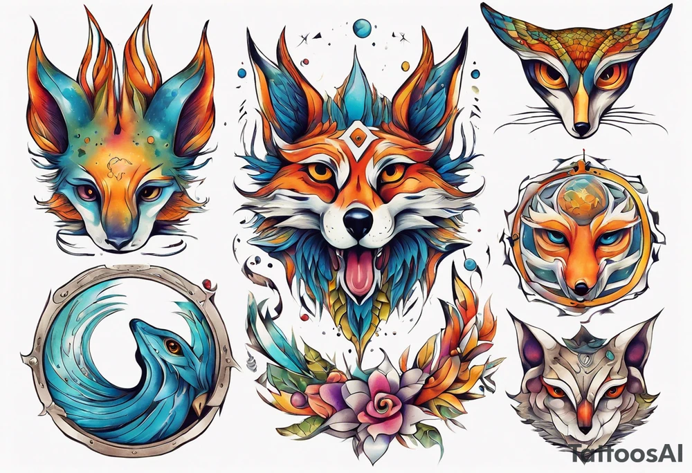 fisch, fuchs und eule , symetrie universum, bunt tattoo idea