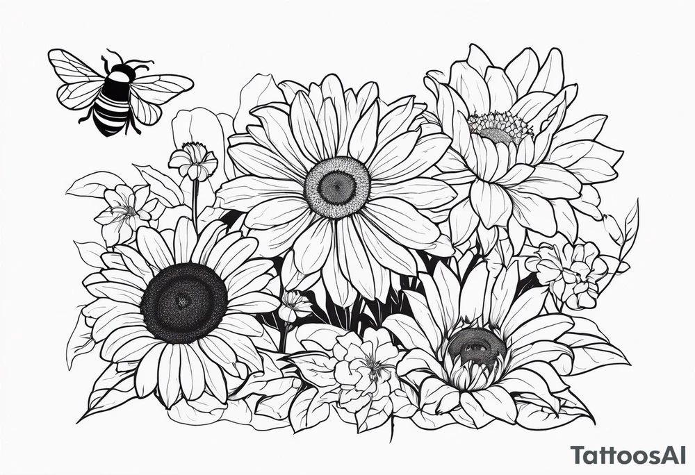 fine line drawing of gerber daisy lilies and sunflowers with a bee and a lady bug tattoo idea