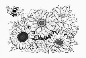 fine line drawing of gerber daisy lilies and sunflowers with a bee and a lady bug tattoo idea