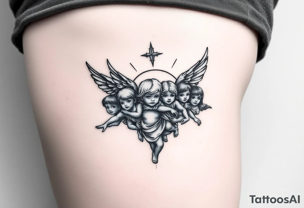 Tatoo down side to thigh, something with angels and 7 kids tattoo idea