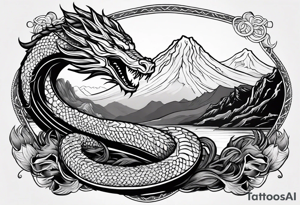 jörmungandr around the arm with mountains tattoo idea