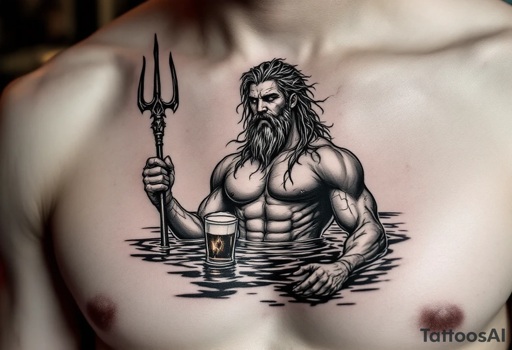 young, fit poseidon in calm water, holding a trident, holding a beer, with lightning tattoo idea