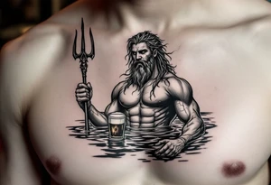 young, fit poseidon in calm water, holding a trident, holding a beer, with lightning tattoo idea