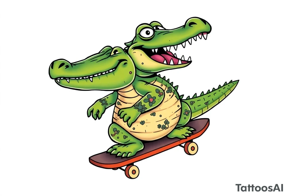 crocodile riding a skateboard with piercings and tattoos tattoo idea