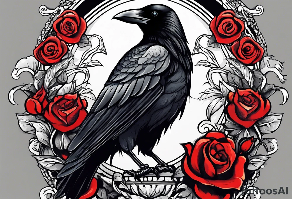 Crow standing holding a red rose tattoo idea