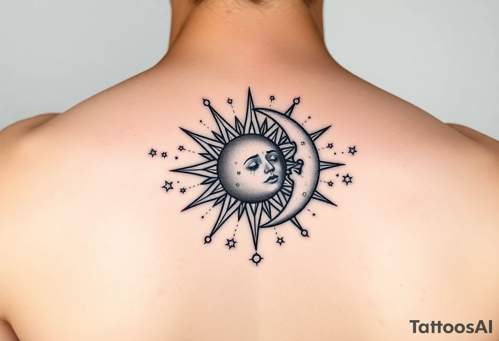 celestial sun and moon embrace with constellation patterns tattoo idea