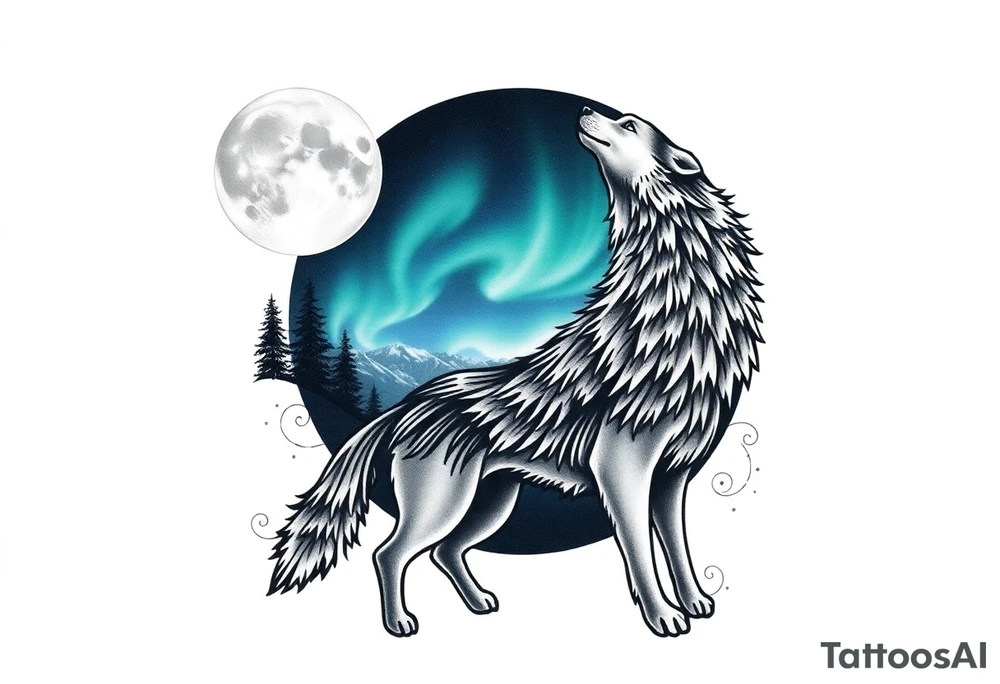 lone wolf howling at full moon with northern lights backdrop tattoo idea