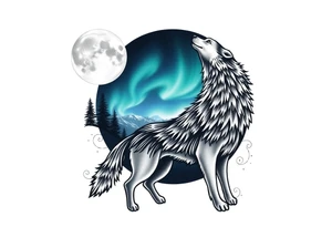lone wolf howling at full moon with northern lights backdrop tattoo idea