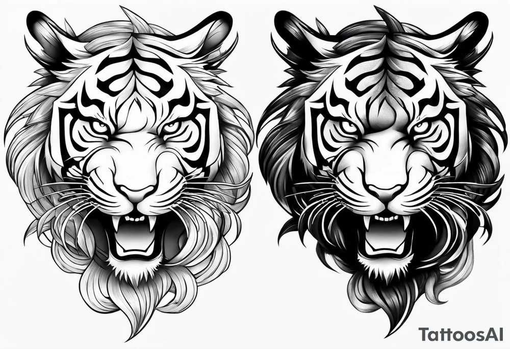 tiger on shoulder and dragon on bicep ying yang contrast tattoo idea