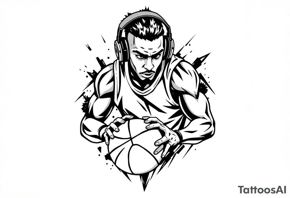 A guy dribbling a basketball with headphones on tattoo idea