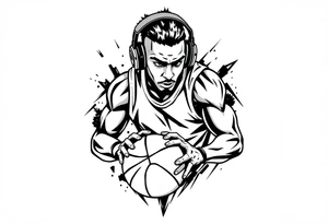 A guy dribbling a basketball with headphones on tattoo idea