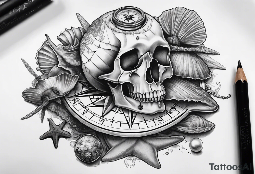 Compass, shells, shark teeth, starfish, oyster with pearl, skull tattoo idea