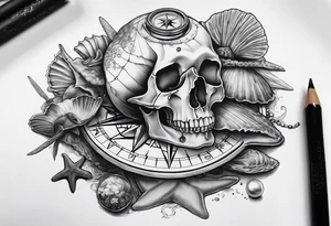 Compass, shells, shark teeth, starfish, oyster with pearl, skull tattoo idea